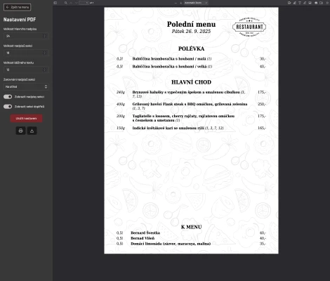 Denní menu - vygenerované PDF pro tisk s nastavením vzhledu